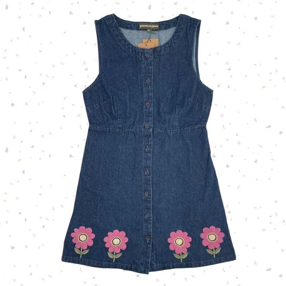 Princess Highway Denim Fiona Pinny Dress Pink Flowers Embroidered AU Size 10 NEW